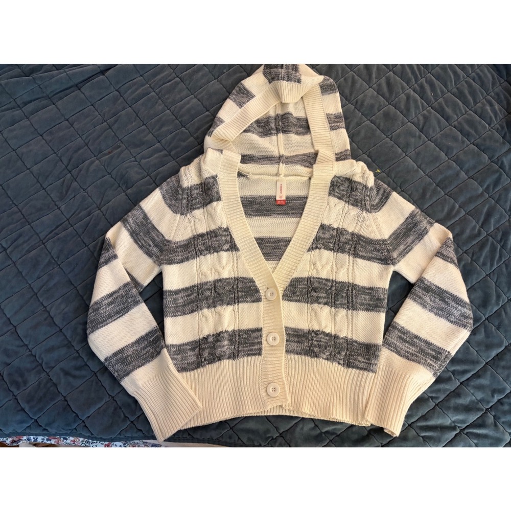 No Boundaries Y2K Striped Hooded Cardigan Cable Knit Sweater Grey Cream XL